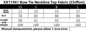 Detailed size guide table for women bow halter neck chiffon top in sizes XS to L