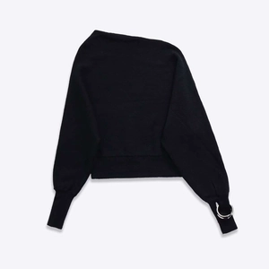 Women's off-shoulder black knit top with long sleeves and silver metal ring cuff details