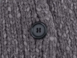Detailed close-up of grey chunky knit fabric texture featuring a black four-hole round button