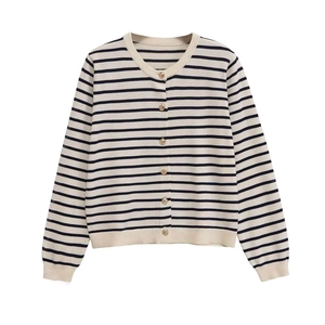 Women Striped Knit Cardigan Round Neck Gold Buttons Long Sleeve Elegant Slim Fit Autumn Soft Polyester Sweater Coat Top