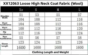 Detailed size chart for loose high collar wool coat showing measurements from XS to L