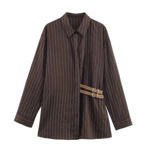 Chemise En Popeline Rayée Pour Femme Manches Longues Revers Avec Boucles Latérales Décoratives Haut Décontracté Café