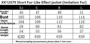 Detailed size chart for the short faux fur coat with measurements from XS to L