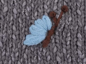 Macro detail of the light blue floral embroidery on the grey knit fabric texture