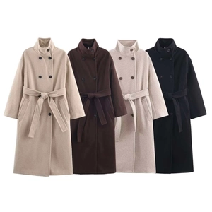 Elegant women's high neck double-breasted wool coats with waist belts in four colors