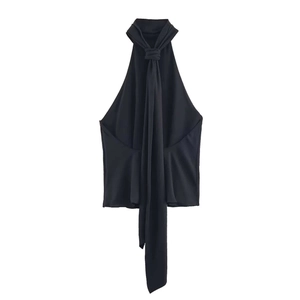 Black halter neck sleeveless top featuring an elegant tie-up bow detail and backless design