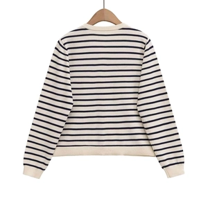 Slim fit striped knit cardigan for women featuring classic long sleeves and crew neck