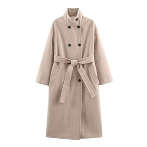 Elegant beige double-breasted long wool coat with stand collar and waist belt