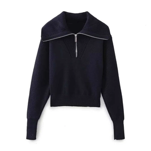 Pull en Maille Décontracté Bleu Marine pour Femmes Avec Fermeture Éclair Col Rabattu Pullover Manches Longues Côtelé Court Vêtements en Maille