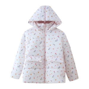 Gepolsterte Winterjacke für Kinder mit Blumenmuster, warmer Kapuze und Reißverschluss
