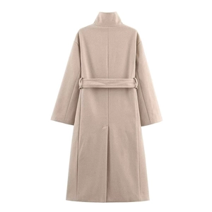 Beige high collar wool blend coat with waist belt and back slit detail in full view