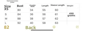 Detailed size chart for quilted hooded jacket showing bust, shoulder and length specs