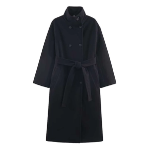 Classic black double-breasted long wool coat with high collar and waist tie belt