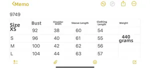 Detailed size chart for faux leather jacket showing measurements from size XS to L