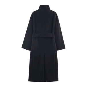 Rear view of long black wool coat featuring standing collar, waist belt, and back slit detail