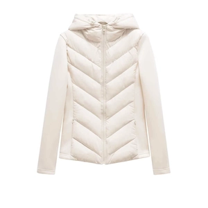 Women's cream quilted puffer jacket with hood and front zipper for autumn winter season