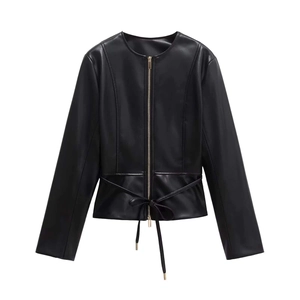 Women's Faux PU Leather Jacket Elegant Peplum Hem Slim Fit Belted Zipper Round Neck Long Sleeve Solid Color Fashion Outwear