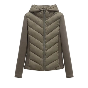 Army green hooded quilted jacket with V-shaped stitching and knit spliced sleeves