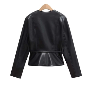 Slim fit black faux leather peplum jacket for women with belt and back view details
