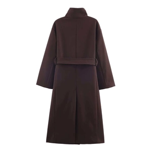 Back view of a long dark brown wool coat featuring a high collar and waist belt detail