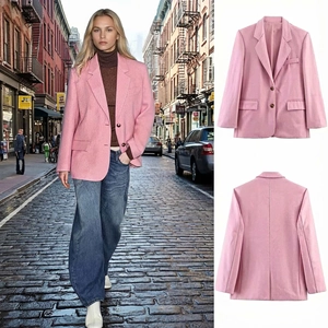 Women Oversized Pink Woolen Blazer Notched Lapel Double Button Long Sleeve Mid-Length Elegant Commuter Suit Jacket Coat