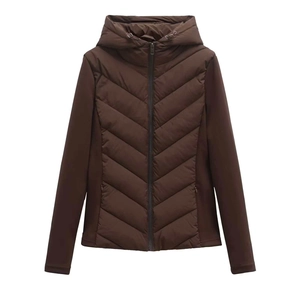 Women Slim Fit V-Quilted Hooded Jacket Padded Cotton Coat Zipper Long Sleeve Windproof Outerwear Winter Autumn