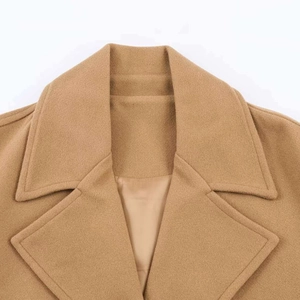 Classic camel double-breasted wool coat with wide notch lapels and premium texture detail