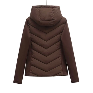 Detailed back view of brown quilted hooded jacket featuring a stylish V-stitch pattern
