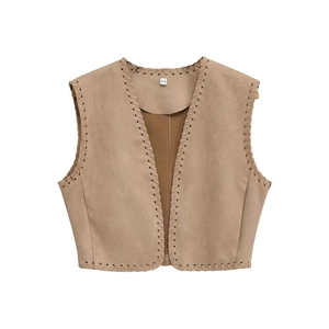 Gilet Décontracté en Suédine pour Femme avec Bordures Brodées Style Bohème Vintage Col en V Sans Manches Ouvert Haut Élégant Streetwear
