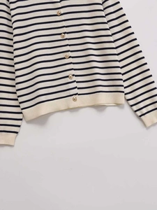 Detailed view of the fine knit texture and elegant golden buttons on the striped cardigan