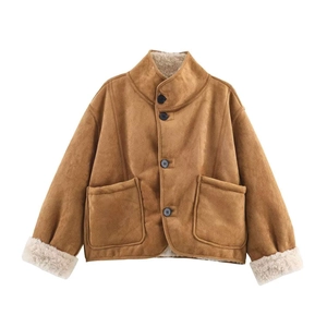 Veste Réversible en Suédine pour Femme Hiver Vintage Avec Col Montant en Fausse Laine Chaude Coupe Décontractée Haut