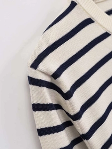 Close-up of shoulder seam and ribbed neckline on slim striped knit cardigan