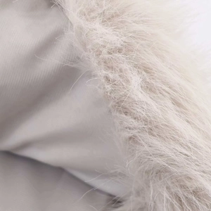Détail du col en fourrure synthétique grise et tissu lisse sur veste courte