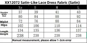 Tableau des tailles détaillé pour robe satinée asymétrique avec mesures en centimètres