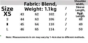 Detailed size chart for dark brown faux fur jacket with length and sleeve measurements