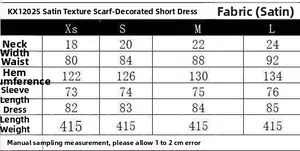 Size chart for satin mini dress with scarf detail showing measurements from XS to L