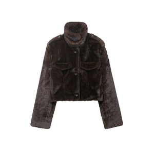 Women Winter Dark Brown Faux Fur Jacket Stand Collar Short Crop Coat With Buttons Epaulettes Large Pockets Warm Outerwear