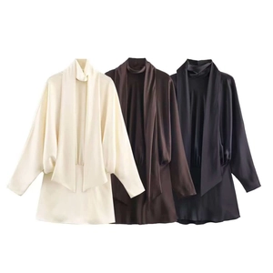 Women Elegant Satin Scarf Collar Mini Dress Long Sleeve Slim Fit Solid Color Office Lady Fashion Silk Like Texture Outfit