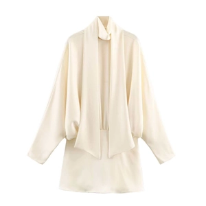 Elegant ivory satin mini dress with scarf neck tie and batwing sleeves for women