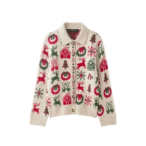 Vintage Damen Weihnachten Rentier Jacquard Strickjacke Retro Polo Kragen Geknöpft Festlicher Pullover Langarm Top