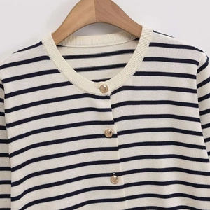 Slim fit striped knit cardigan for women featuring elegant gold embossed buttons
