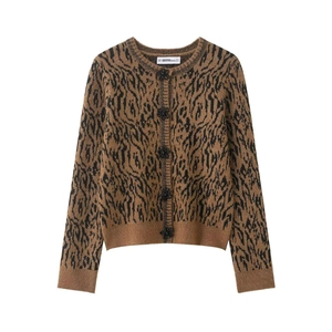 Women's Vintage Tiger Animal Print Knitted Cardigan With Flower Buttons Brown Black Long Sleeve Round Neck Casual Sweater