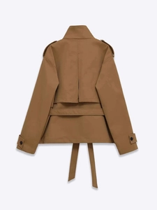 Rear view of khaki short trench coat featuring back storm flap and adjustable waist belt