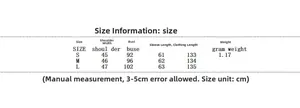 Detailed size chart for long irregular button wool coat with measurements in cm