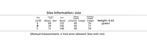 Detailed size chart with measurements for women winter coat in sizes S, M, and L