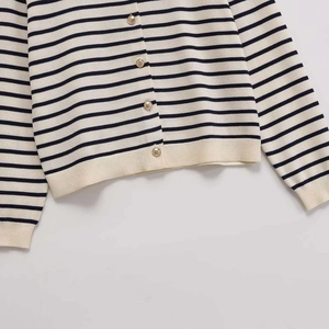 Classic striped knit cardigan with gold buttons and ribbed cuffs in cream and navy
