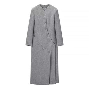 Minimalist grey long wool coat with asymmetric button closure and collarless design