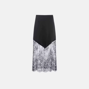 Women Elegant Satin Lace Splice Midi Skirt Asymmetric V-Shape Hem High Waist Floral Lace Patchwork Straight Skirt For Party Office