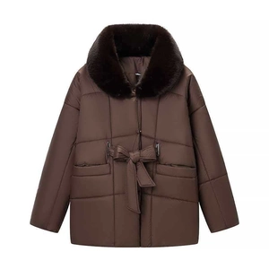 Women's coffee brown winter coat with large faux fur collar and waist tie belt