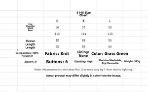 Size chart for dark green vintage knit sweater with detailed measurements for S, M, and L
